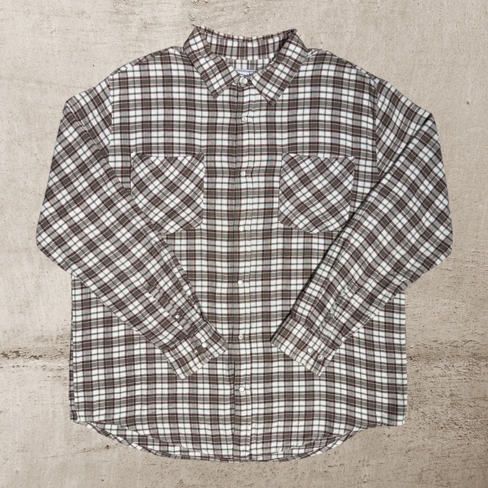 Vintage Western Pearl Snap Flannel Men's XL Brown Green‎ Plaid Haband Casual Joe